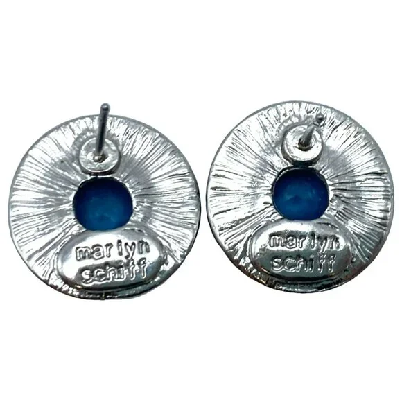 Marlyn Schiff Earrings Rhinestone Pierced Sapphire Blue Color 16mm SIGNED - Picture 2 of 4